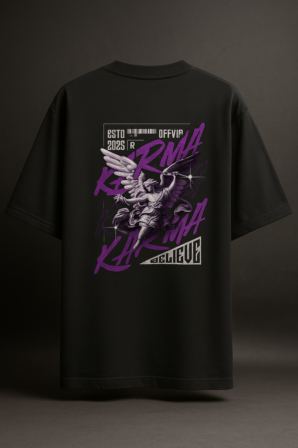 Black t-shirt with purple graphic design on a dark background