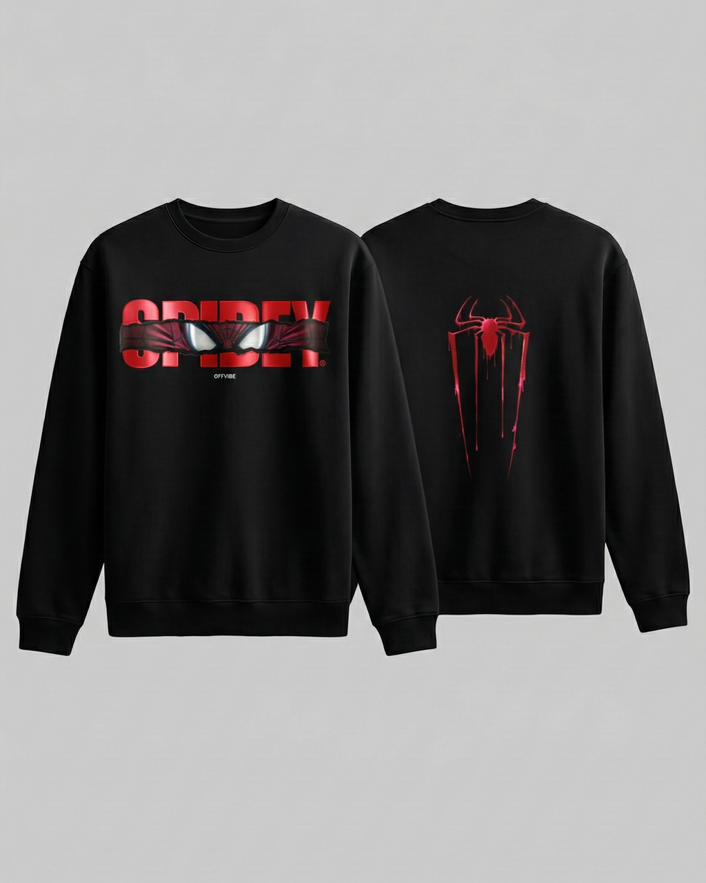 Black sweatshirt with red and white spider-themed design on a gray background